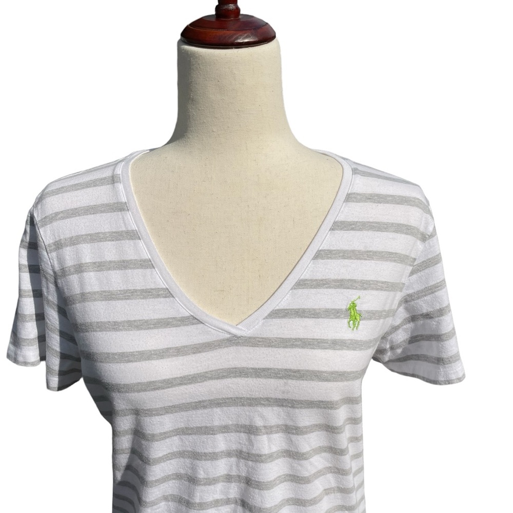 Ralph Lauren Sport grey, white stripe V neck Tee Shirt 100% Pima cotton Large - Picture 4 of 12